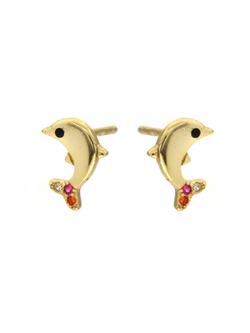 Pendientes Plata Dorada Mujer PPR 547/C Delfines Circonitas Rojas