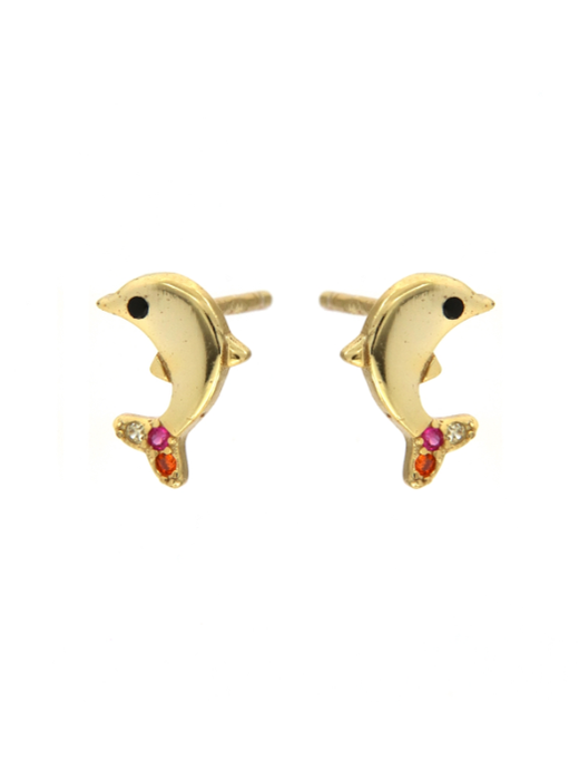 Pendientes Plata Dorada Mujer PPR 547/C Delfines Circonitas Rojas