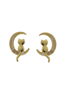 Pendientes Plata Dorada Mujer PPR 669/C Gato Sentado En Media Luna C. Circonitas