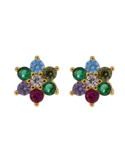 Pendientes Plata Dorada Mujer PPR 695/9C Flor Circonitas Multicolor