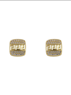Pendientes Plata Dorada Mujer PPR 784/C Cuadrado Circonitas Grabado Greca