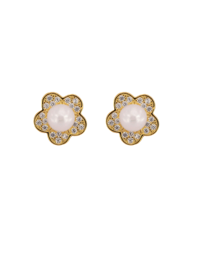 Pendientes Plata Dorada Mujer PPRP65/C Flor Circonitas & Perla