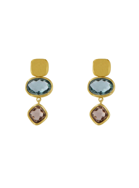 Pendientes Plata Dorada Mujer PSET165/1C Colgante Circonitas Azules Bicolor Champagne