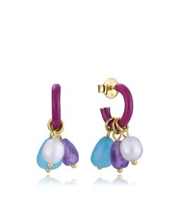 Pendientes Plata Dorada Viceroy 2,2Cm 13245E100-99 Medio Aro Esmalte Morado Colgante Piedras Multicolor