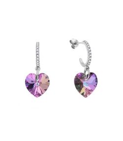 Pendientes Liska Plata Dorada LSW0150A-1VL Medio Aro Colgante Cristal Corazón Lila