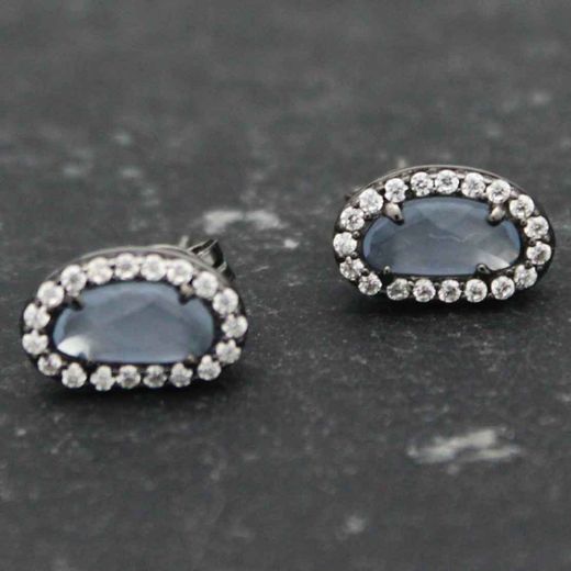 Pendientes Plata Mujer PEM0046RUCB Piedras Óval Minerales Calcedonia Azul Circonitas