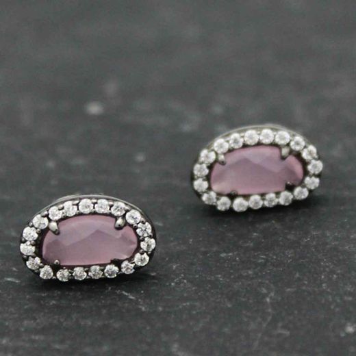 Pendientes Plata Mujer PEM0046RUCR Piedras Óval Minerales Cuarzo Rosa Circonitas