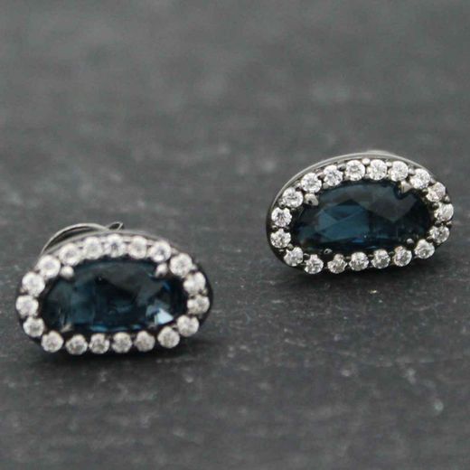 Pendientes Plata Mujer PEM0046RUGB Piedras Óval Minerales Glass Blue Circonitas