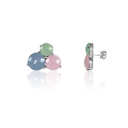 Pendientes Plata Mujer PEM0113RHCBCR 3 Piedras Minerales Calcedonia Azul y Cuarzo