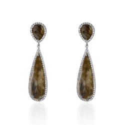 Pendientes Plata Mujer 10x30mm PEZ0012RHLA Aro Colgante Piedra Mineral Labradorita
