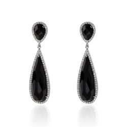 Pendientes Plata Mujer 10x30mm PEZ0012RHOX Aro Colgante Piedra Mineral Onix Negro