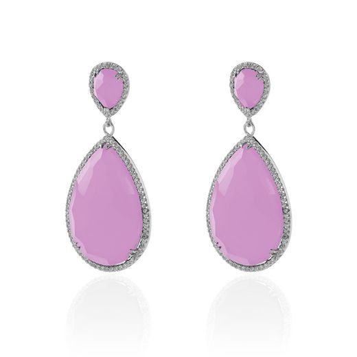 Pendientes Plata Mujer 20x30mm PEZ0013RHCR Aro Colgante Piedra Mineral Cuarzo Rosa