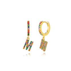 Pendientes Plata Mujer PEZ0393DOM Aro C. Colgante Letra M & Circonitas Multicolor