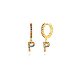 Pendientes Plata Mujer PEZ0393DOP Aro C. Colgante Letra P & Circonitas Multicolor