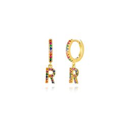 Pendientes Plata Mujer PEZ0393DOR Aro C. Colgante Letra R & Circonitas Multicolor