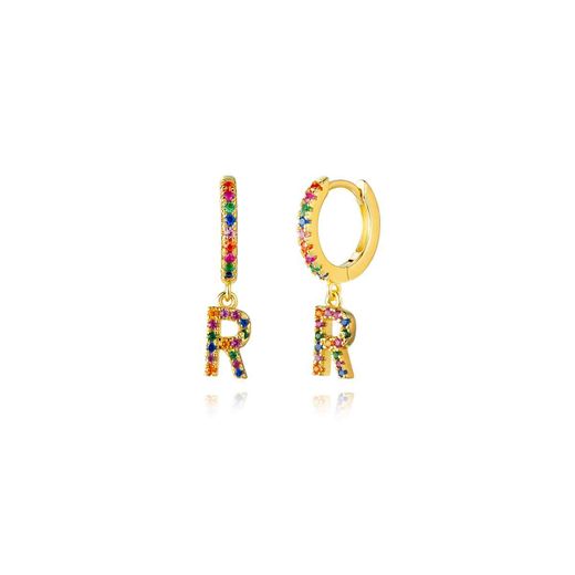Pendientes Plata Mujer PEZ0393DOR Aro C. Colgante Letra R & Circonitas Multicolor