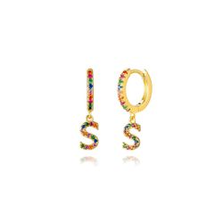 Pendientes Plata Mujer PEZ0393DOS Aro C. Colgante Letra S & Circonitas Multicolor