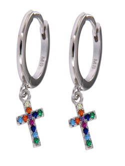 Pendientes Plata Mujer PPAC31/1 Aro Colgante Cruz Circonitas Multicolor