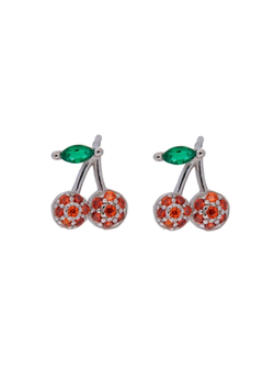 Pendientes Plata Mujer PPR 647 Cerezas Circonitas Rojas Bicolor Verdes