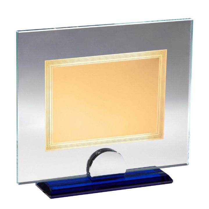 Placa Homenaje Cristal-Aluminio 22x18,5cm P-3033/3C Base Azul Chapa Dorada 16x12cm