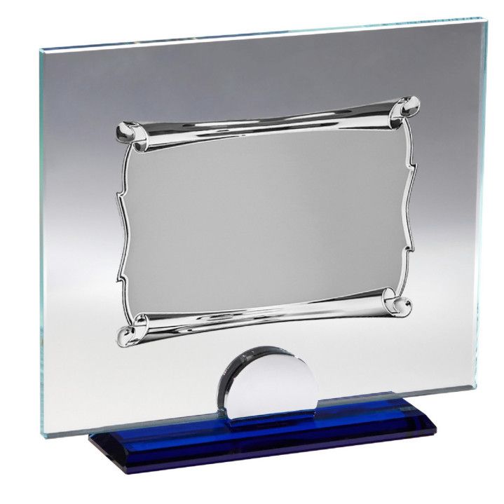 Placa Homenaje Cristal-Aluminio 22x18,5cm P-3034/3C Base Azul Chapa Pergamino 16x12cm