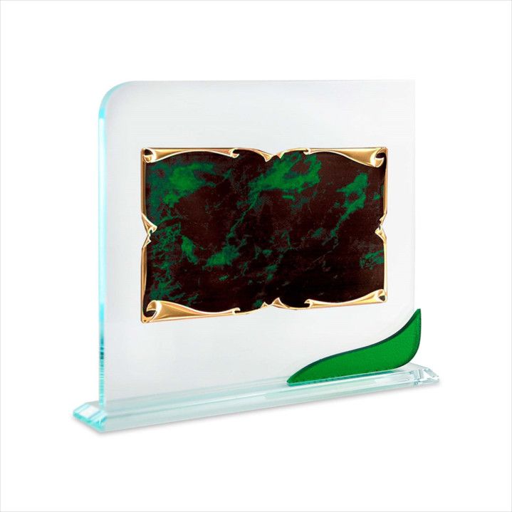 Placa Homenaje Cristal-Aluminio 24x20cm P-2256/3C Pergamino Dorado Centro Verde C/Adorno Verde