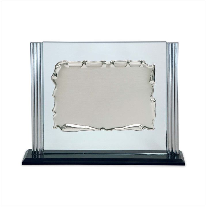 Placa Homenaje Cristal-Aluminio 24x20cm P-2264/3C Pergamino - Bordes Laterales Adornados C/Pie