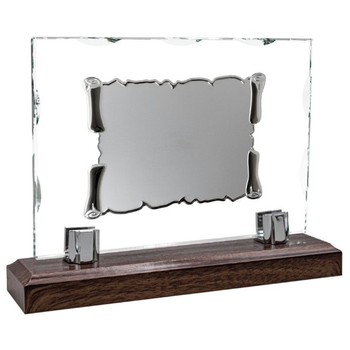 Placa Homenaje Cristal-Aluminio 25x17,80cm P-3026/3C Base Madera Chapa Pergamino 16x12cm