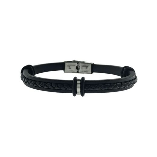 Argent Basic Steel Bracelet 21.5cm PUHS0488N Black Leather