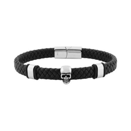 Bracelet en cuir tressé noir avec tête de mort en acier Argyor-MRM (AC)403320