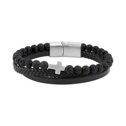 Pulsera Acero Argyor-MRM  (AC)403407 Piel Negra Múltiple Con Piedras Negras Y Cruz