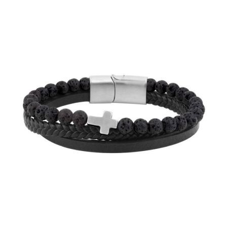 Pulseira de couro preto Argyor-MRM (AC)403407 em aço com pedras pretas e cruz