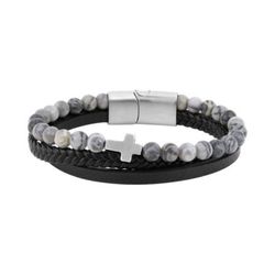 Pulseira de couro preto com múltiplas pedras e cruz Argyor-MRM (AC)403408
