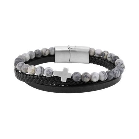 Pulseira de couro preto com múltiplas pedras e cruz Argyor-MRM (AC)403408
