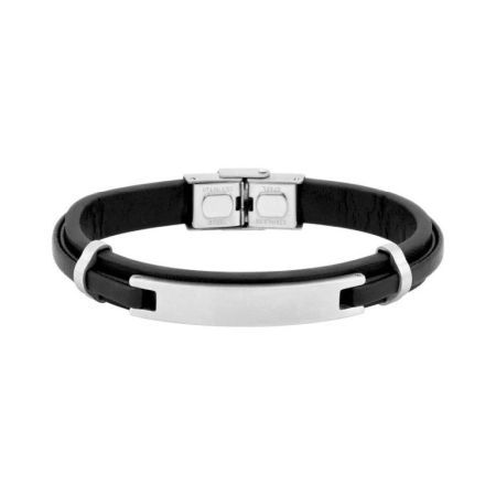 Pulseira de couro e aço preta com placa Argyor-MRM (AC)403417
