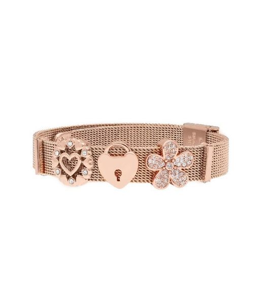 Pulseira feminina Liska LMBR76 em aço bicolor rosa com cadeado em forma de coração e flor