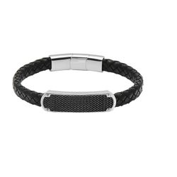 Pulsera Acero Cargo (AC)C43071 Piel Negra Trenzada Placa Negra