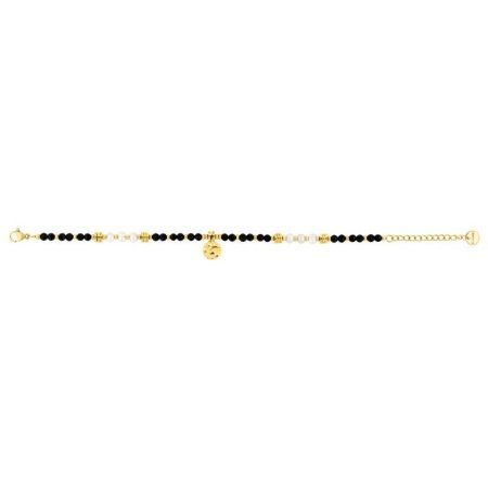 Pulseira de aço dourado Argyor-MRM (AC)403457 com elos, zircônias pretas e pérolas