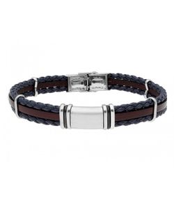 Bracciale uomo Liska in acciaio 84BA1057 in pelle marrone bicolore intrecciata blu