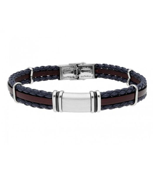 Bracciale uomo Liska in acciaio 84BA1057 in pelle marrone bicolore intrecciata blu