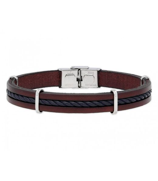 Bracelet homme Liska en acier 84BA1428 bicolore marron cuir noir