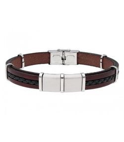 Bracelet homme Liska en acier 84BA1519, cuir marron bicolore tressé noir