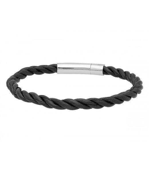 Bracelet homme Liska en acier 84BA1528-N et cuir tressé noir