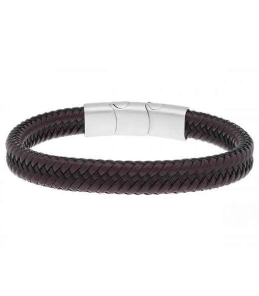 Bracelet homme Liska en acier 87BR006 et cuir tressé marron