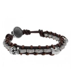 Liska RB020BR Herren-Armband aus Stahl mit Totenkopf-Motiv, braunes Leder