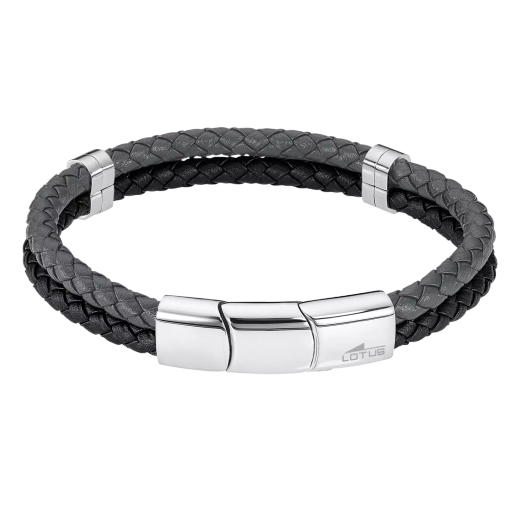 Pulsera Acero Inoxidable & Piel Negra Bicolor Gris Lotus Hombre LS2530-2/1 Placa En Brillo 22cm