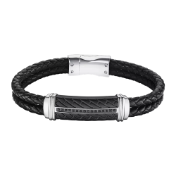 Pulsera Acero Inoxidable & Piel Negra Lotus Hombre LS2286-2/1 Placa Negra En Brillo 21,6cm