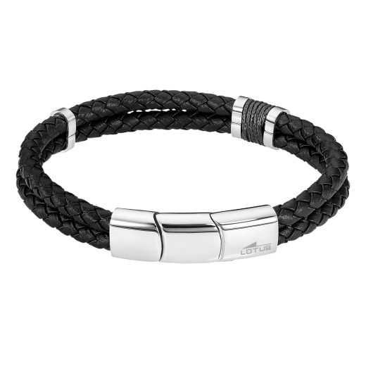 Pulsera Acero Inoxidable & Piel Negra Lotus Hombre LS2529-2/1 Placa En Brillo 22cm