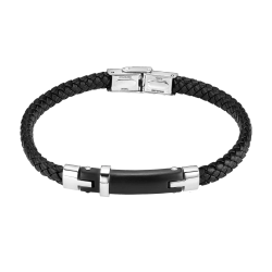 Pulsera Acero Inoxidable & Piel Negra Lotus Hombre LS2546-2/1 Placa Negra Bicolor Plateada 22,2cm