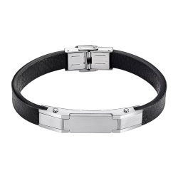 Pulsera Acero Inoxidable & Piel Negra Lotus Hombre LS2585-2/1 Placa Negra En Brillo 22cm